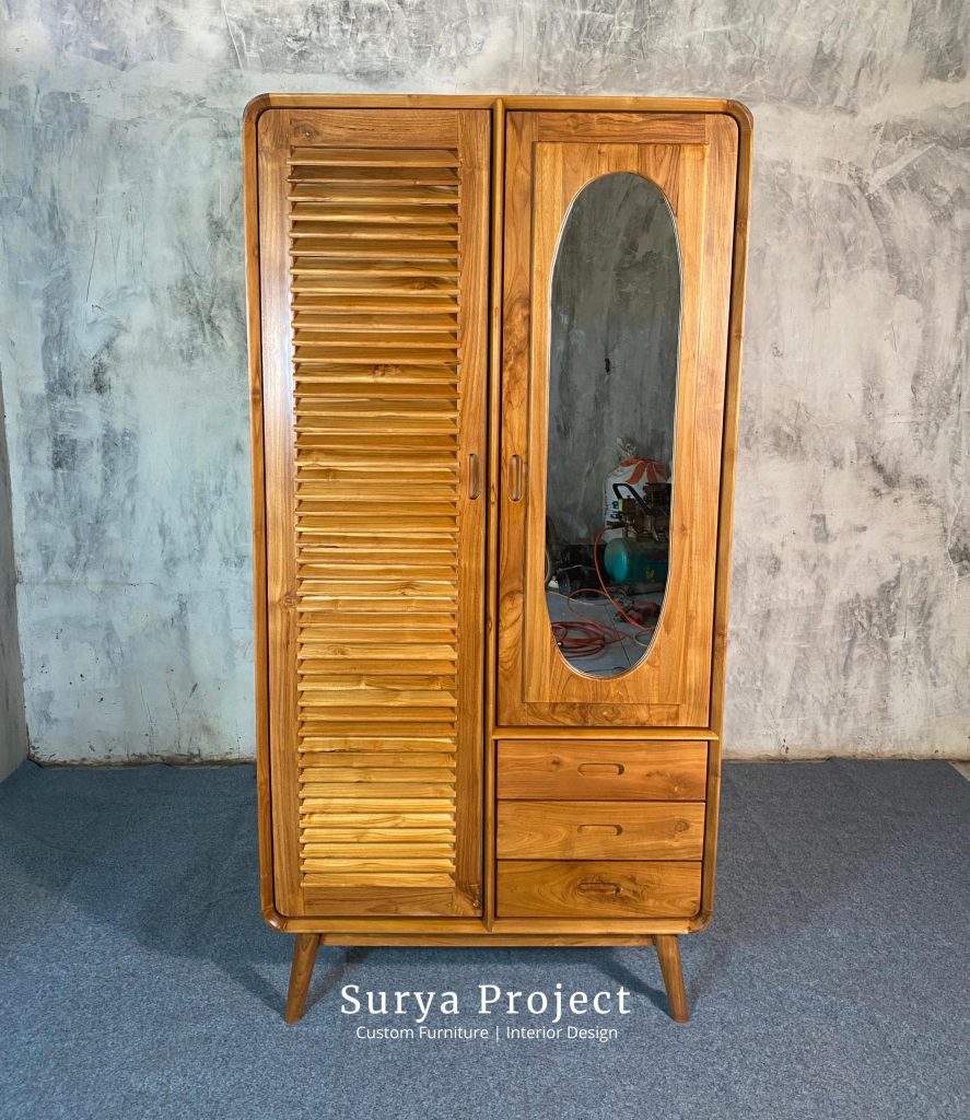 classic teak wood wardrobe with mirror and louvered door, durable and elegant bedroom storage