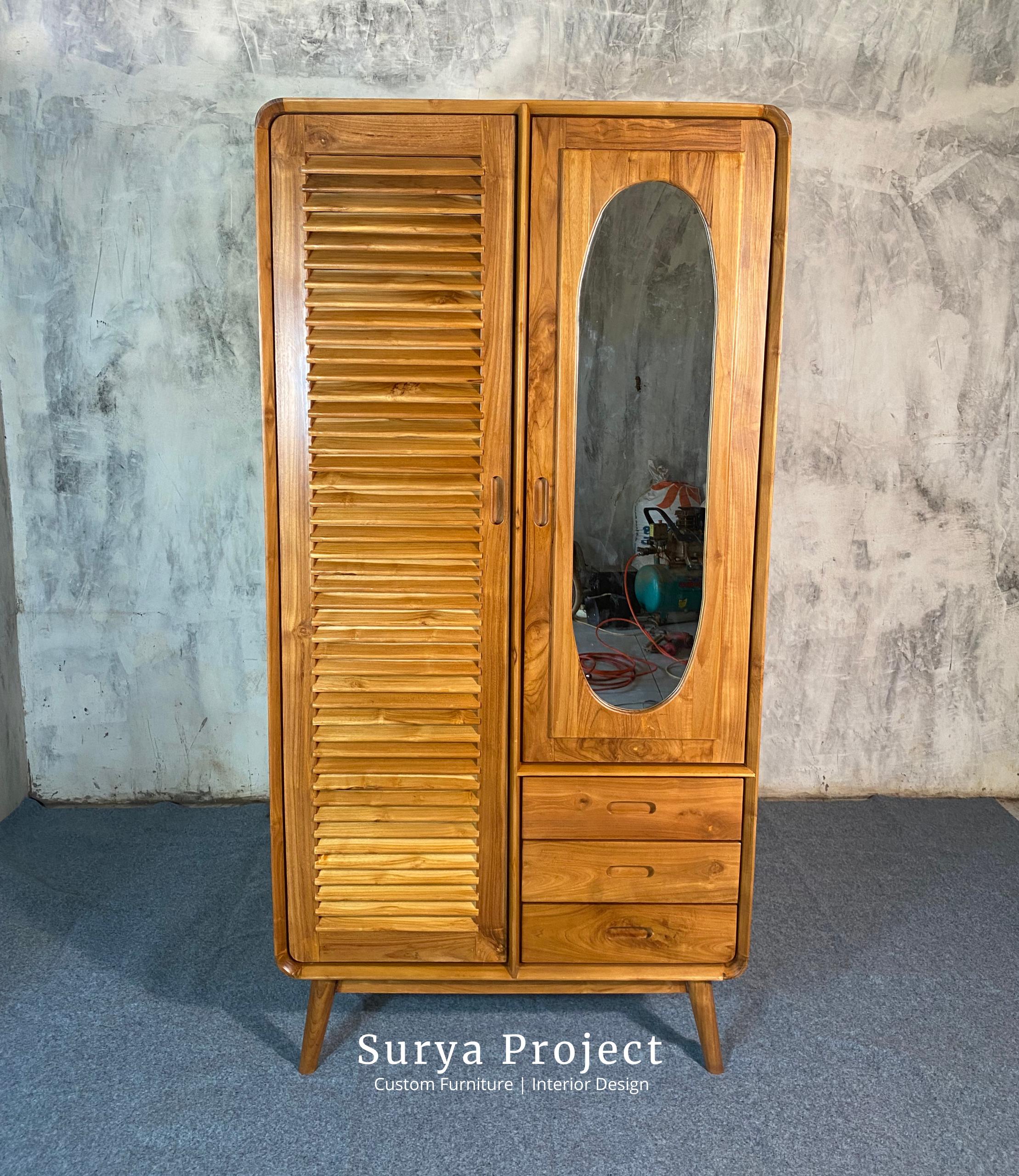 classic teak wood wardrobe with mirror and louvered door, durable and elegant bedroom storage