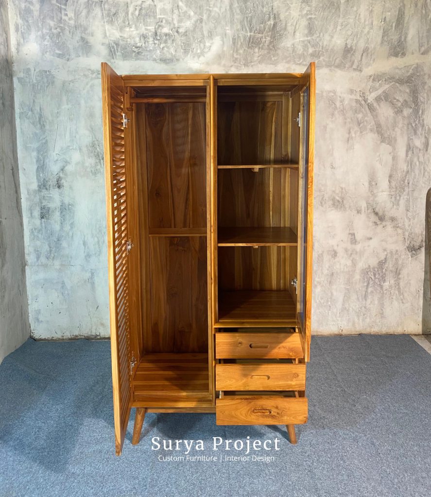 handcrafted teak wardrobe with drawers and mirror, sustainable classic wooden furniture