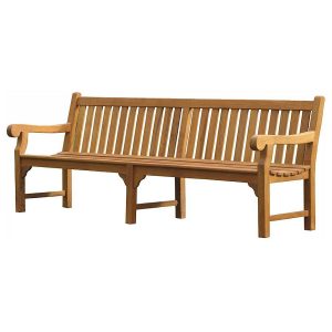big classic bench made from solid teak wood with natural finish and slatted seat