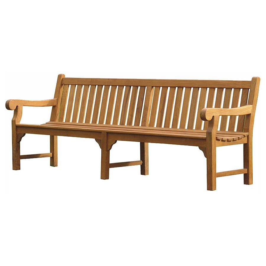 big classic bench made from solid teak wood with natural finish and slatted seat