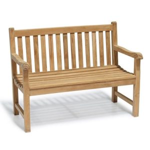 Java teak garden bench made from high-quality Perhutani teak wood with a classic slatted design, perfect for outdoor seating.