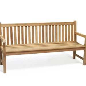 Java teak patio bench with natural golden-brown finish, designed for outdoor comfort and style