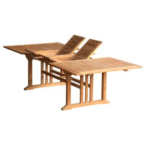 Teak rectangular double extension dining table made from solid Indonesian teak wood, ideal for outdoor or patio use.