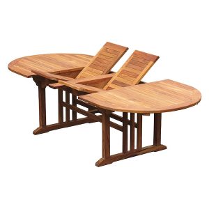 Teak oval double extension outdoor dining table crafted from premium Indonesian teak wood, ideal for patio, garden, or export furniture markets