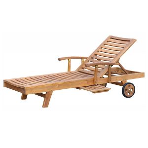 eak Madison Sun Lounger with solid teak wood, adjustable backrest, and wheels – ideal outdoor furniture for export.
