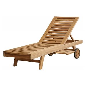 Teak Madison Sun Lounger with adjustable backrest and wheels, crafted from solid Indonesian teak wood – luxury outdoor teak chaise for resorts, hotels, and poolside furniture export.