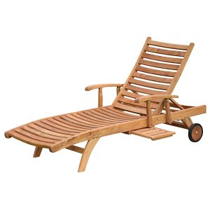 Indonesian Teak Horizon Sun Lounger with solid teak wood frame, adjustable reclining back, and wheels – luxury outdoor sunbed for export