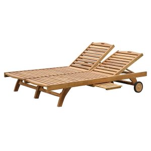 Teak Classic Double Sun Lounger with solid teak wood frame, dual adjustable backrests, and wheels – luxury outdoor daybed for export.