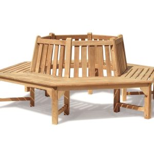 Hexagonal teak tree bench with slatted design, made from durable Perhutani teak wood for outdoor garden and park seating