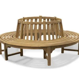 Round teak tree bench with slatted design, made from durable Perhutani teak wood for outdoor garden and park seating