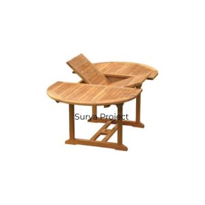 Oval outdoor extension table made from sustainably sourced Indonesian Perhutani teak wood featuring a butterfly leaf mechanism.