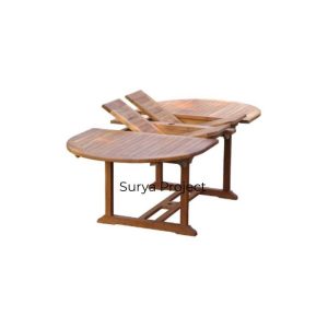 Oval double extension outdoor dining table made from high-quality Indonesian Perhutani teak wood.