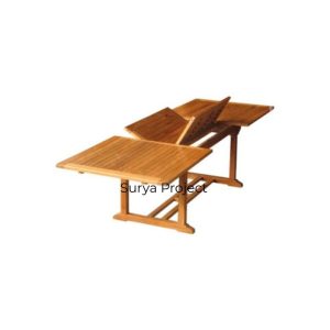 Fully extended rectangular teak outdoor dining table made from sustainable Perhutani wood for patio use.