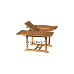 Sustainable teak recta extension table with 100cm width, featuring a smooth butterfly leaf mechanism for garden use.