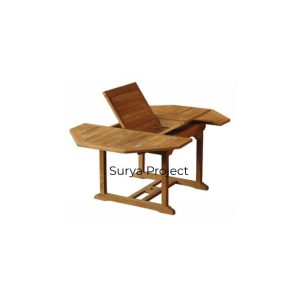 Octagonal outdoor extension table made from high-quality Perhutani teak wood with a natural finish.