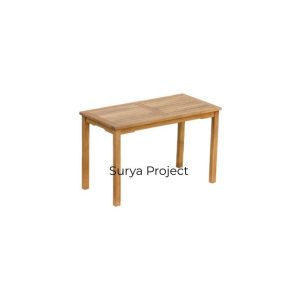 Solid rectangular outdoor dining table made from high-grade Perhutani teak wood with a natural finish.