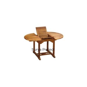 Round outdoor extension table made from sustainable Indonesian Perhutani teak wood featuring a hidden butterfly leaf.