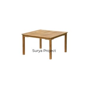 Square fixed dining table made of high-quality solid teak wood for outdoor garden and patio use.