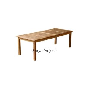 Rectangular solid teak outdoor dining table with slatted top design for garden and patio - Surya Project Indonesia.