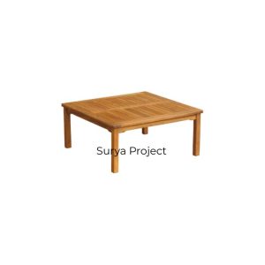 Square fixed outdoor coffee table made of solid teak wood with minimalist slatted design