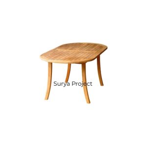 eak Oval Fixed Table for outdoor lounge, handcrafted from solid Indonesian teak with a slatted top and elegant curved legs