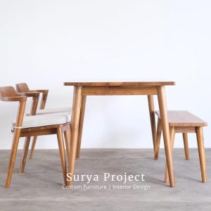 Elbow Scandinavian solid teak dining table set with 2 chairs and 1 bench made from Grade A Indonesian teak wood
