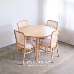 Round solid teak dining set with woven rattan chairs