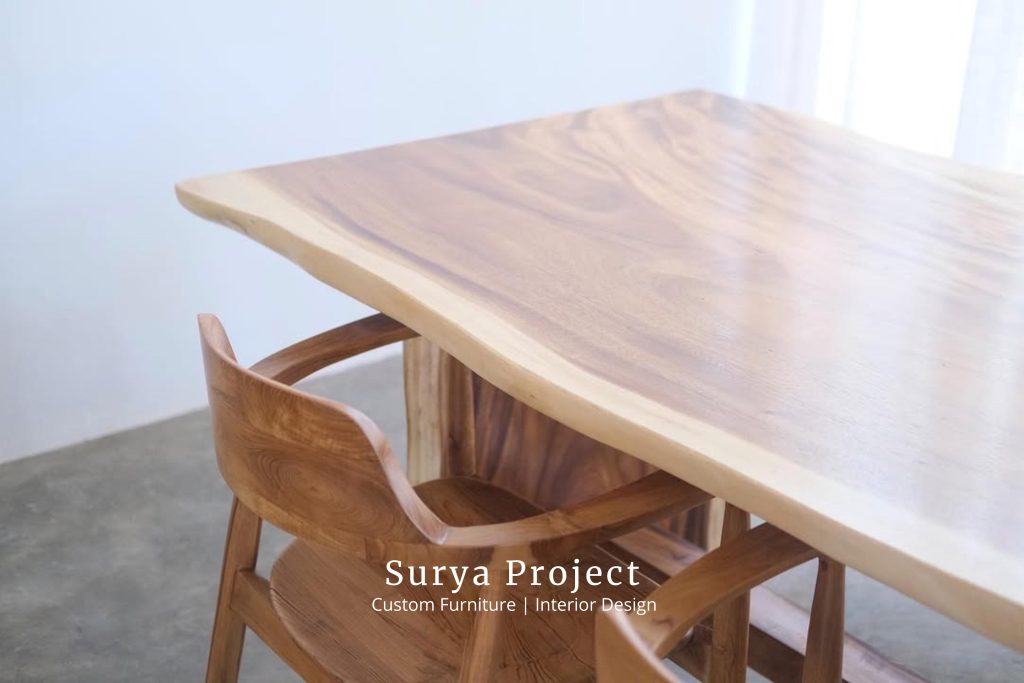 solid teak dining table surface detail
