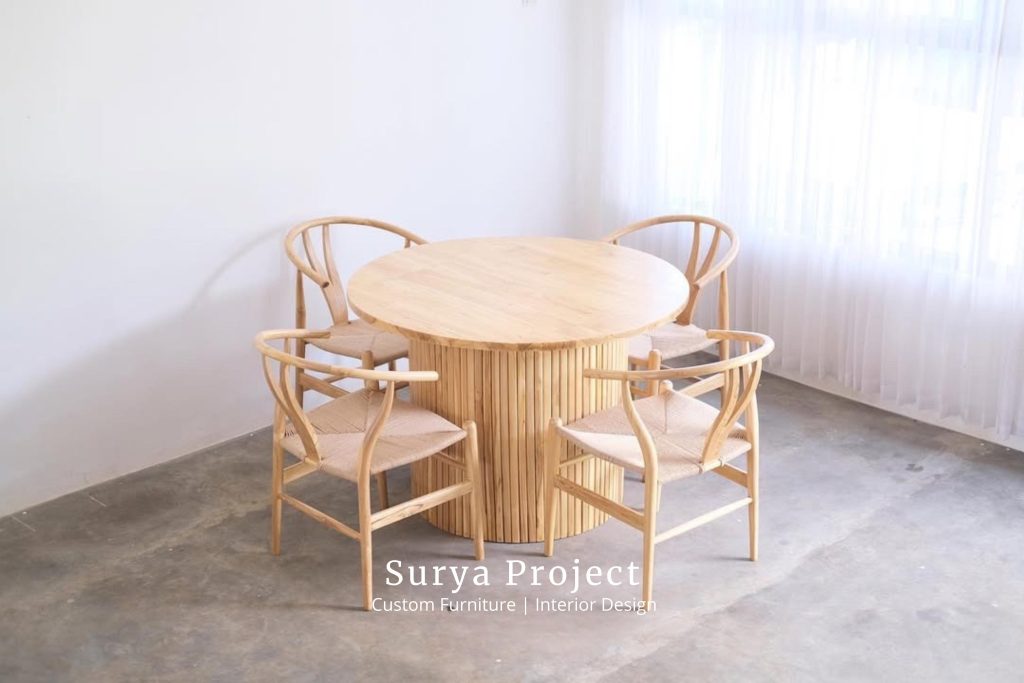 Scandinavian Wishbone round solid teak dining table set with 4 chairs handcrafted from Grade A Indonesian teak wood