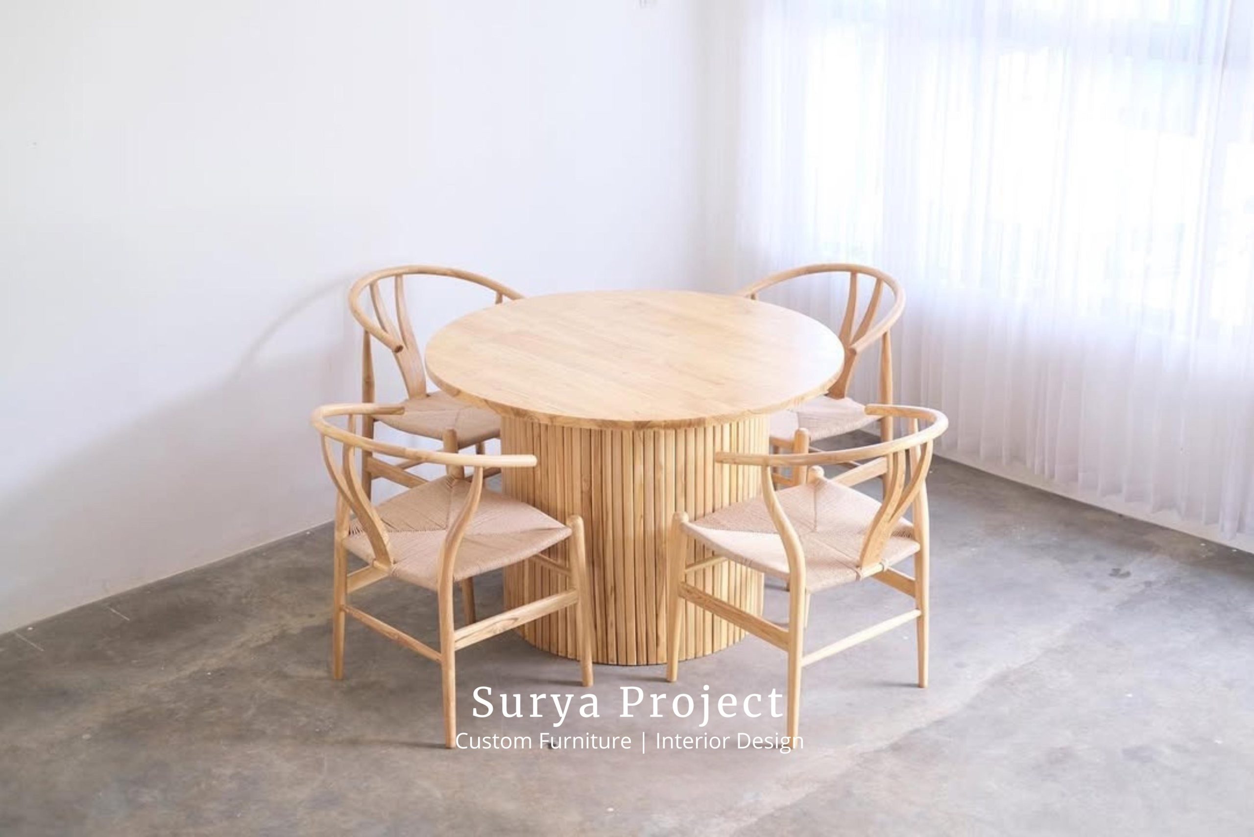 Scandinavian Wishbone round solid teak dining table set with 4 chairs handcrafted from Grade A Indonesian teak wood