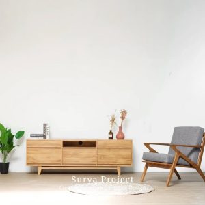 Arkana minimalist teak TV cabinet made from Grade A Perhutani teak wood with soft close fitting