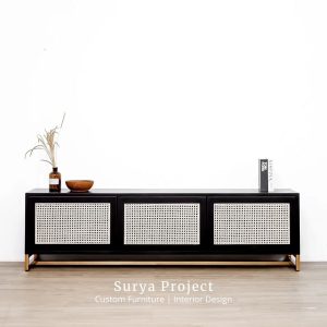 Arthasia teak rattan TV cabinet with metal legs made from Grade A Perhutani teak wood