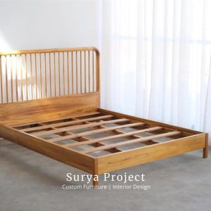 Valora solid teak bed frame made from Perhutani wood with minimalist slatted headboard design for European market