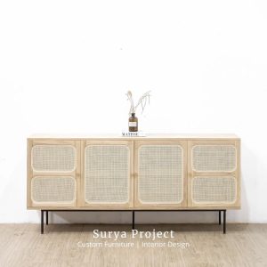 Aurelio teak and rattan TV cabinet with minimalist design and metal legs