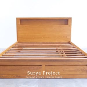 Elora teak storage bedframe made from solid Indonesian Perhutani teak wood with built-in drawers for European wholesale furniture market.