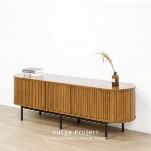 Elvora modern teak TV cabinet with metal legs made from Grade A Perhutani teak wood