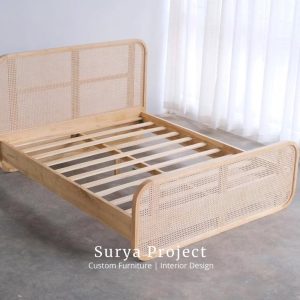 Kayana solid teak bed frame with natural rattan headboard and footboard made from Perhutani wood for export furniture market