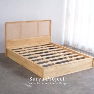 Kayaro teak storage bedframe made from solid Indonesian Perhutani teak wood with built-in drawers for European wholesale furniture market.