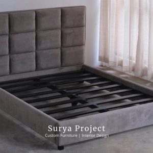 Laren teak upholstered bedframe made from Indonesian Perhutani teak wood with soft foam padding and premium fabric finish for export market.