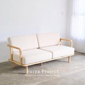 Lena minimalist sofa crafted from solid Perhutani teak wood with comfortable seat cushions