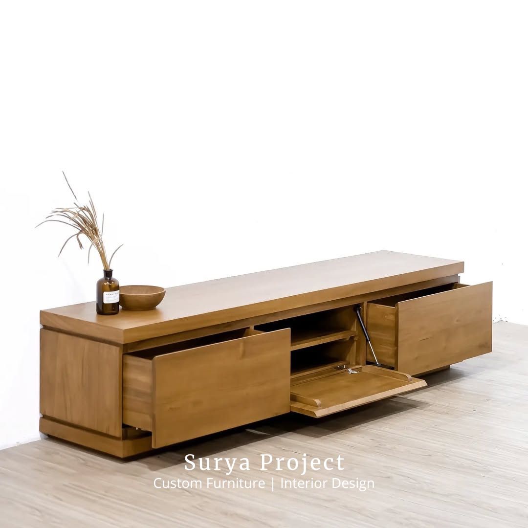Modern teak wood TV cabinet LUNARA with minimalist design and soft close fitting