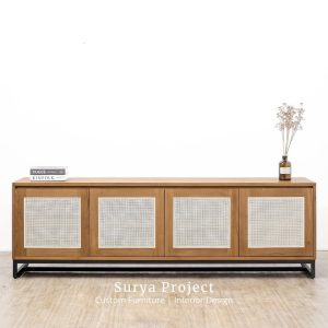 Meridio teak rattan TV cabinet with metal legs and soft closing drawer and door
