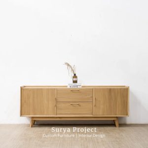 Nostara minimalist TV cabinet made from solid Perhutani teak wood with soft closing drawer