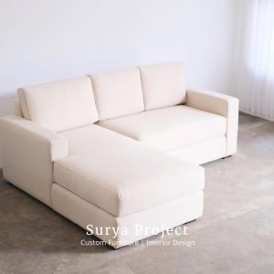 Nunez minimalist L shape sofa with soft fabric cushion and teak wood frame
