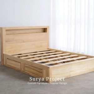 Valora solid teak storage bed frame made from Perhutani wood with built in drawers for European market