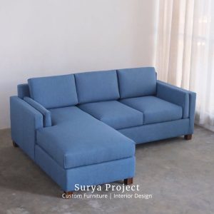 Calista minimalist teak wood L shape sofa with upholstered cushions
