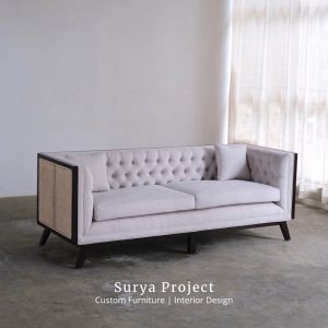 Veloure teak wood and natural rattan sofa with upholstered cushions