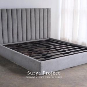 Valora upholstered teak bed frame made from Perhutani solid teak wood with premium fabric headboard for Asian furniture market