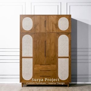 Velora teak wood wardrobe with natural rattan doors minimalist Scandinavian design
